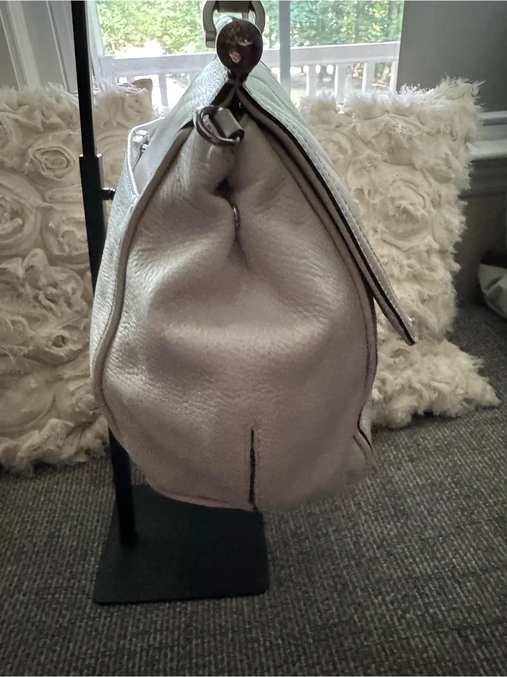 Ivory Pebbled Leather Satchel Shoulder Bag with Pink Trim